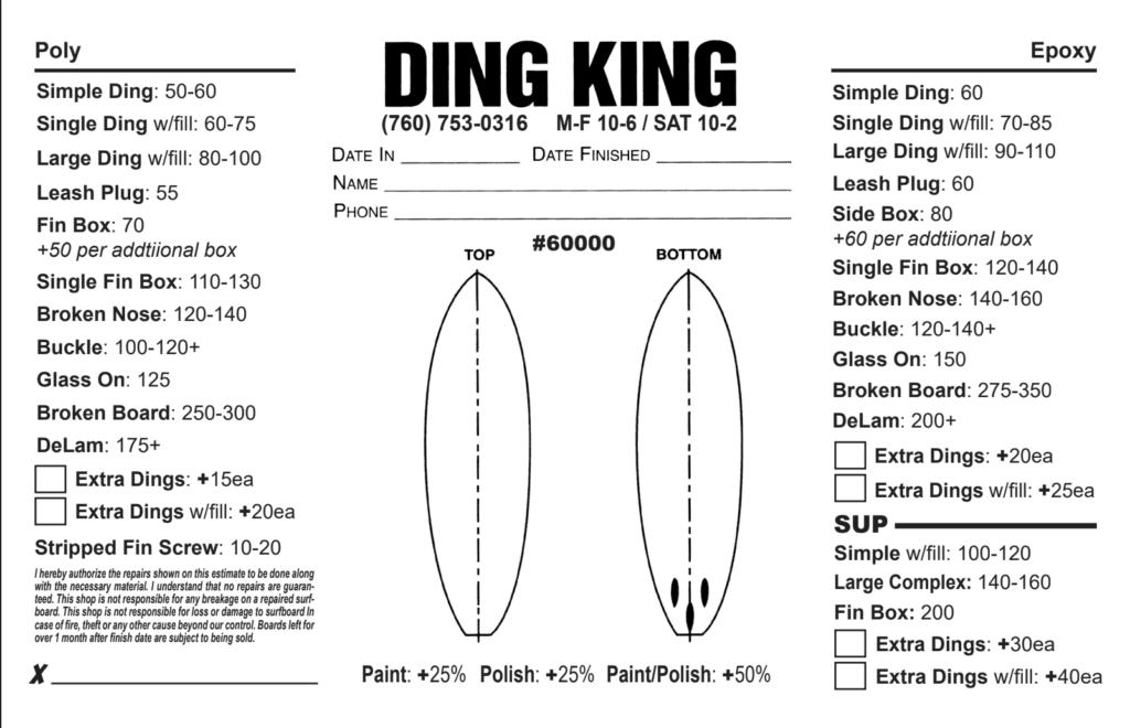 Surfboard Ding Repair Pricing